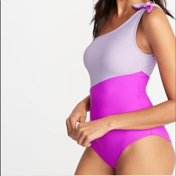 Old Navy One Shoulder Colorblock One Piece Swimsuit Pink Purple Womens Large - Picture 7 of 7
